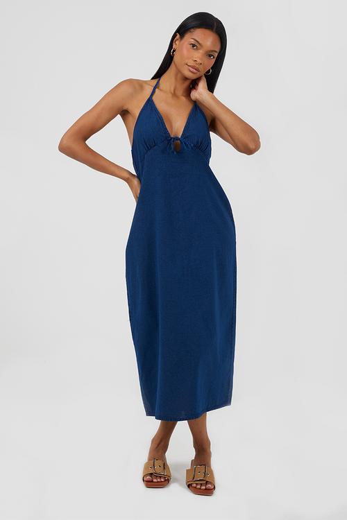 Ladies Halter Neck Enzyme-Washed Chambray Midi Dress - Indigo Wash