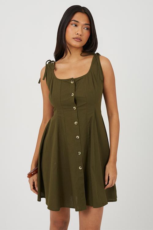 Ladies Cream Panelled A-Line Mini Dress With Button Details - Khaki