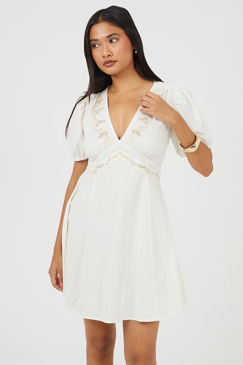 Ladies Puff Sleeve Woven Mini-Dress With Floral Embroidery Details - Cream