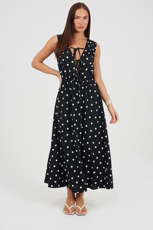 Ladies Long Sleeve Midi Length Dress With Spot Print And Tie Front Detail - Black/White