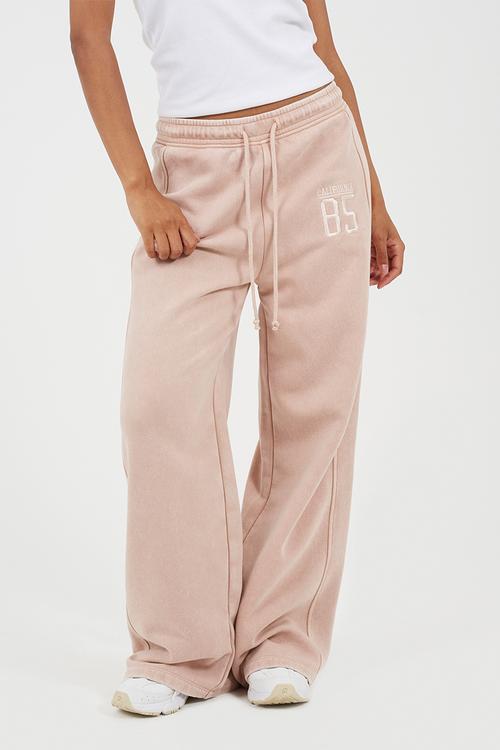 Ladies Acid Wash Wide Leg Joggerwith Embroidery - Pink Acid Wash