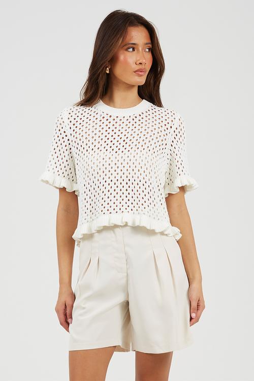 Crew Neck, Mesh T-Shirt Knit With Frill Detail To Cuff And Hem - White