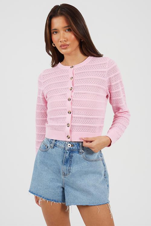 Ladies Crew Neck Button Through Cardigan With All Over Stitch Repeat - Pink