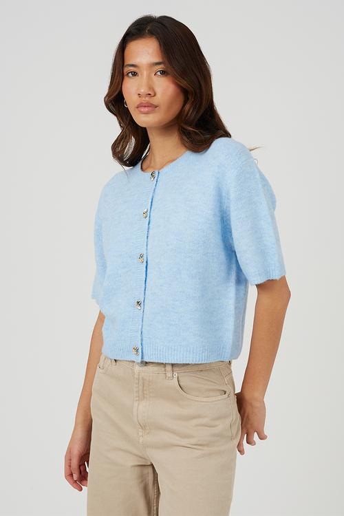 Ladies Raglan Jersey Knit Short Sleeves Cardi With Buttons - Blue