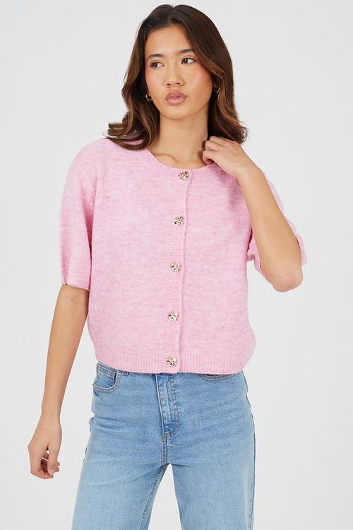 Ladies Raglan Jersey Knit Short Sleeves Cardi With Buttons - Pink