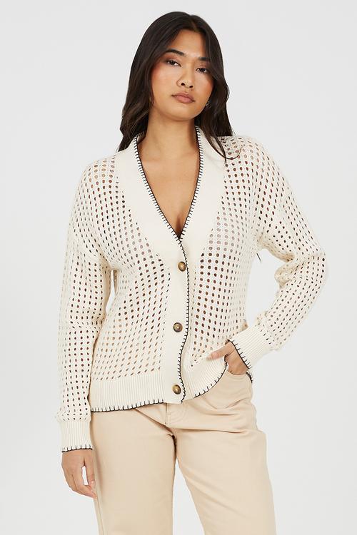 Ladies V-Neck Boxy Cardigan And Tortoiseshell Buttons - Cream