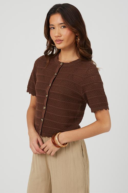Ladies Button Through Cardigan With All Over Stitch Repeat - Chocolate