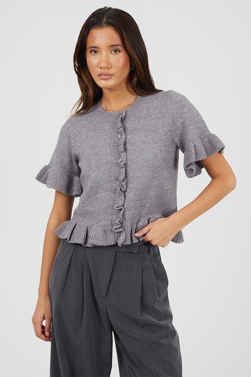 Ladies Crew Neck Short Sleeve Cardi With Frill Detail At Hem And Cuff - Grey Melange