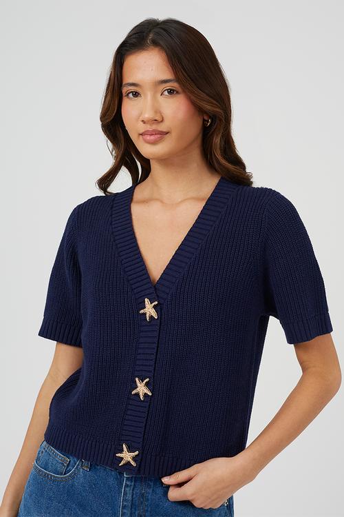 Ladies V Neck Short Sleeve Cardi With Gold Starfish Button Through - Navy