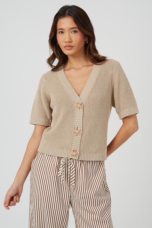 Ladies V Neck Short Sleeve Cardi With Gold Starfish Button Through - Stone