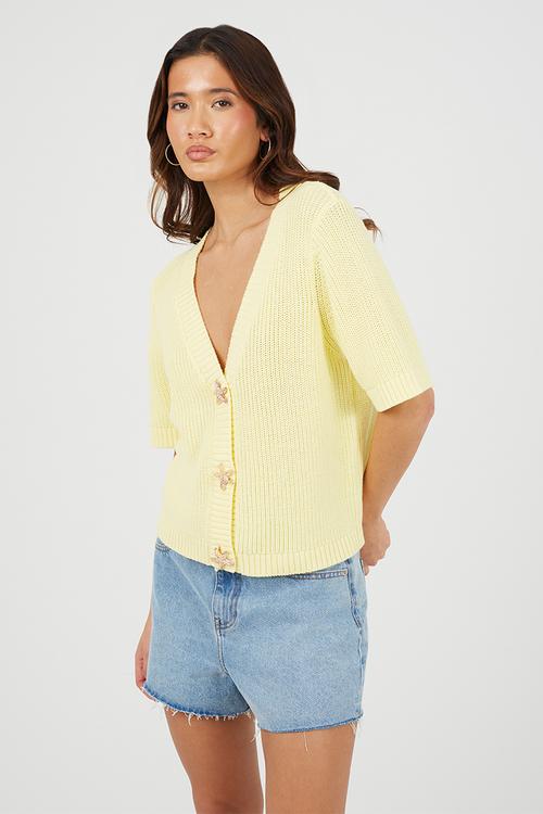 Ladies V Neck Short Sleeve Cardi With Gold Starfish Button Through - Yellow