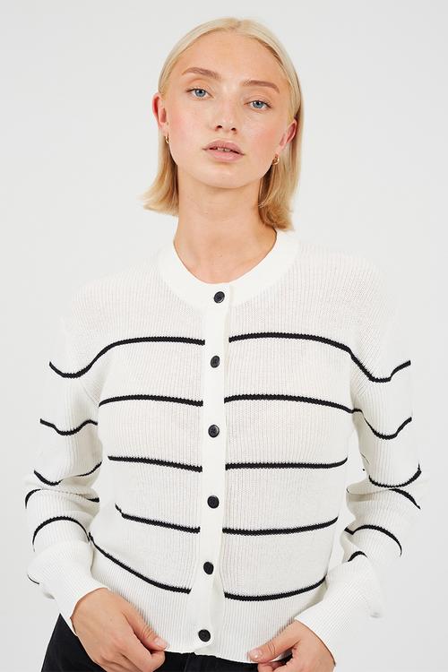 All Over Fisherman Knit Cardi With Black Stripe And Black Buttons - White / Black Stripes