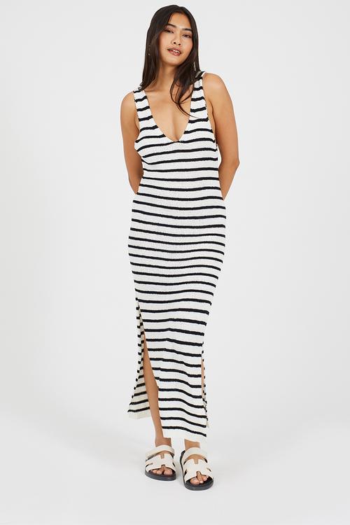 Ladies Knitted V-Neck Dress With Stripe In Crepe Yarn - White/Black