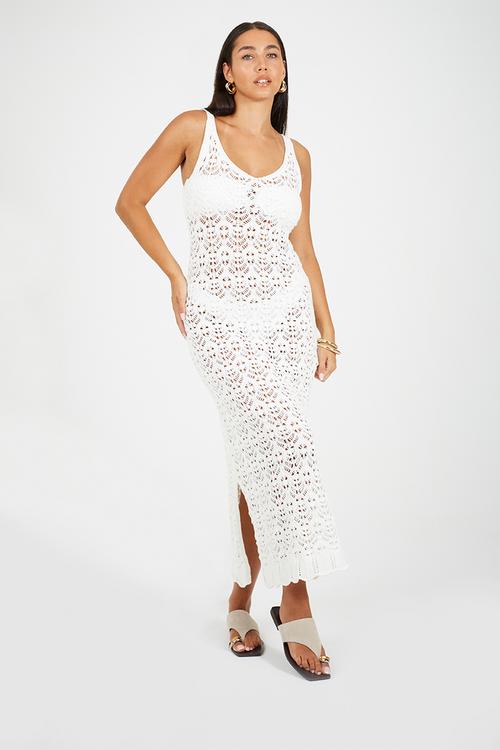 Ladies Pointelle V-Neck Open Knit Midi Dress With Scallop Hem - White