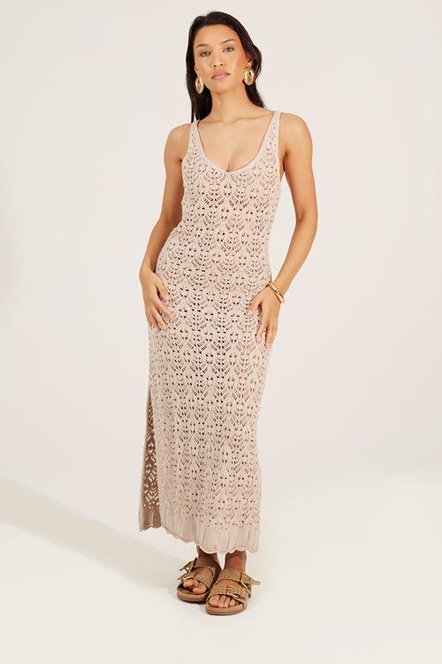 Ladies Pointelle V-Neck Open Knit Midi Dress With Scallop Hem - Stone