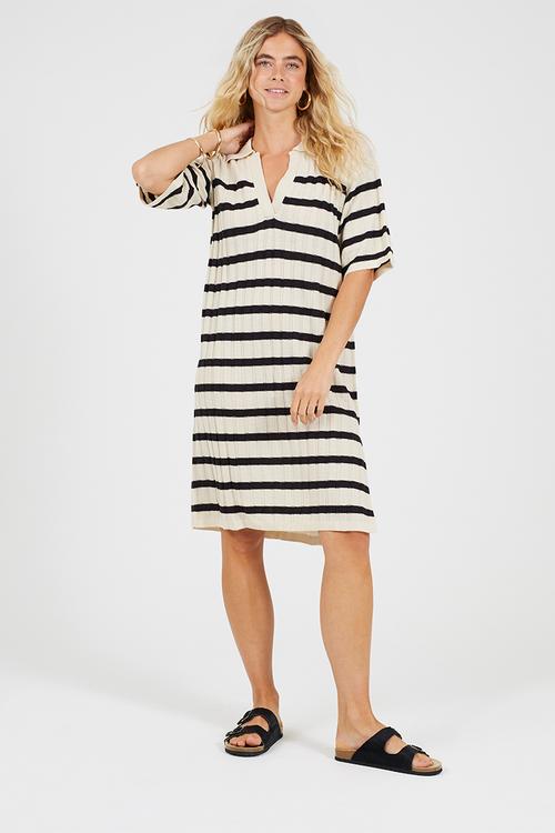 Oversized Striperibbed Dress With Collar, Short Sleeve And Side Split - Stone/Black Stripe