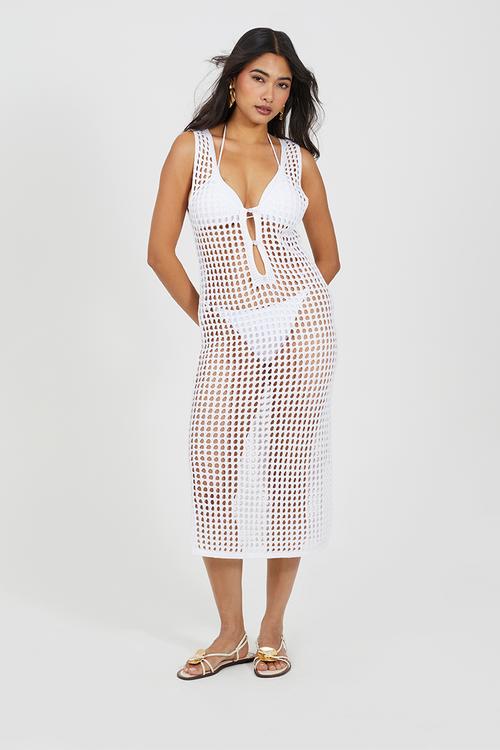 Ladies Mesh Crochet Midi Dress With Side Splits - White