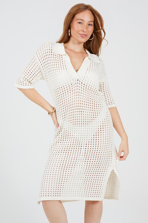 Ladies Collared Short Sleeve Dress In Open Knit Mesh Stitch Side Split Hem - White