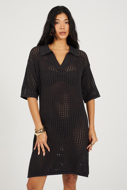 Ladies Collared Short Sleeve Dress In Open Knit Mesh Stitch Side Split Hem - Black