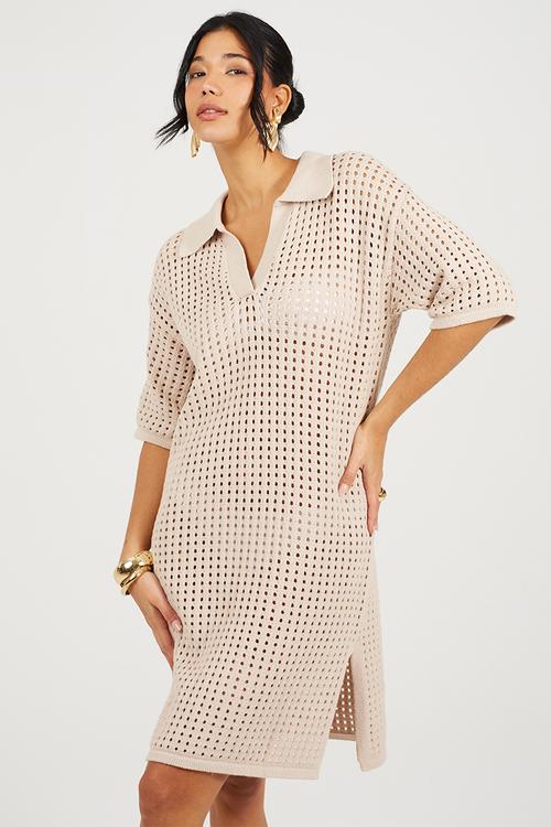 Ladies Collared Short Sleeve Dress In Open Knit Mesh Stitch Side Split Hem - Stone