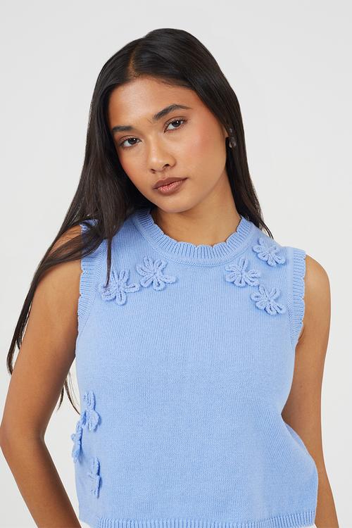 Ladies Crew Neck Knitted Tank With Crochet Flower Placement - Blue