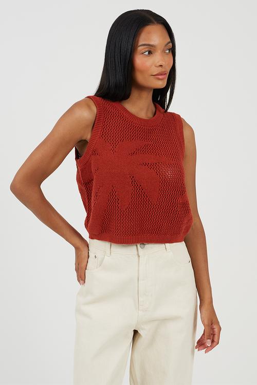 Ladies Mesh Knitted Tank With Jacquard Palm Tree Design - Rust