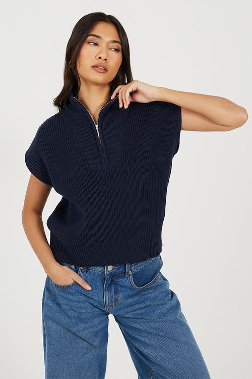 Ladies Collared Half Zip Neck Oversized Tank - Navy