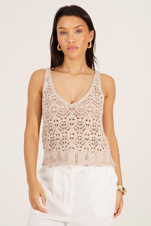 Ladies Pointelle V-Neck Open Knit Vest With Scallop Hem Detail - Stone