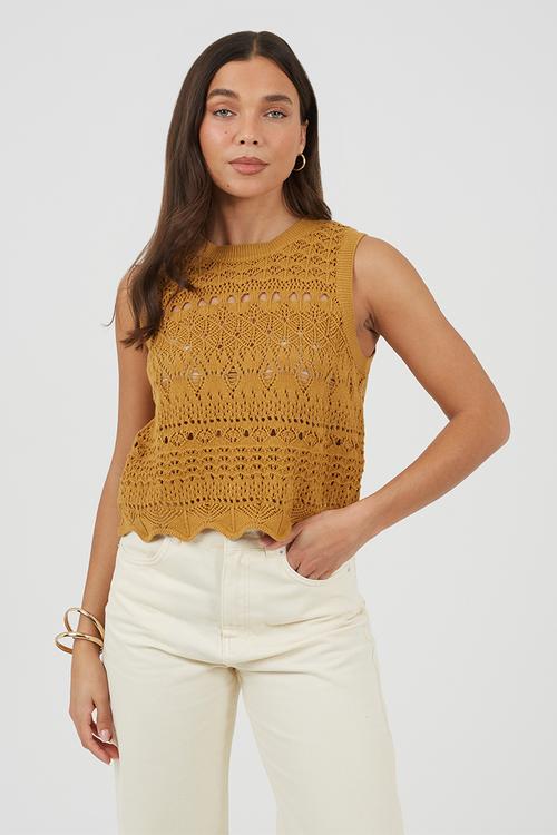 Ladies Crew Neck Tank With Scallop Hem And All Over Pointelle Stitch - Ochre