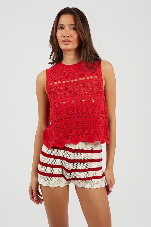 Ladies Crew Neck Tank With Scallop Hem And All Over Pointelle Stitch - Red