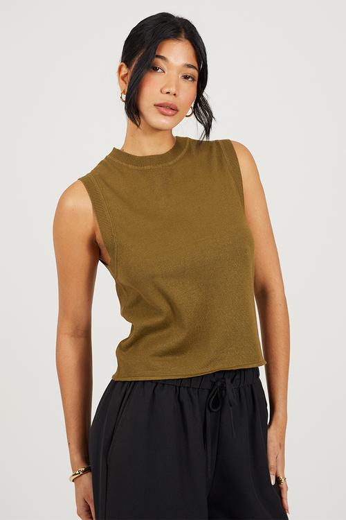 Ladies Knit Crew Neck Tank - Khaki