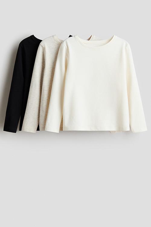 3 pack long-sleeved tops - light beige marl/white/black