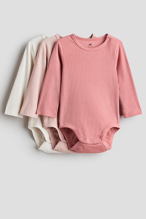 3 pack ribbed bodysuits - pink/cream