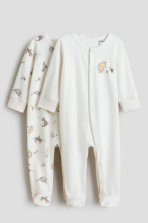 2 pack sleepsuits with full feet - white/winnie the pooh