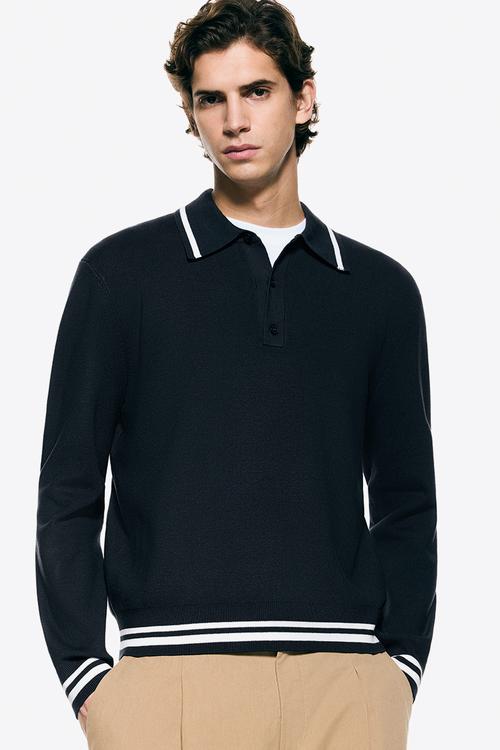 Relaxed fit long-sleeved polo shirt - dark blue/stripes