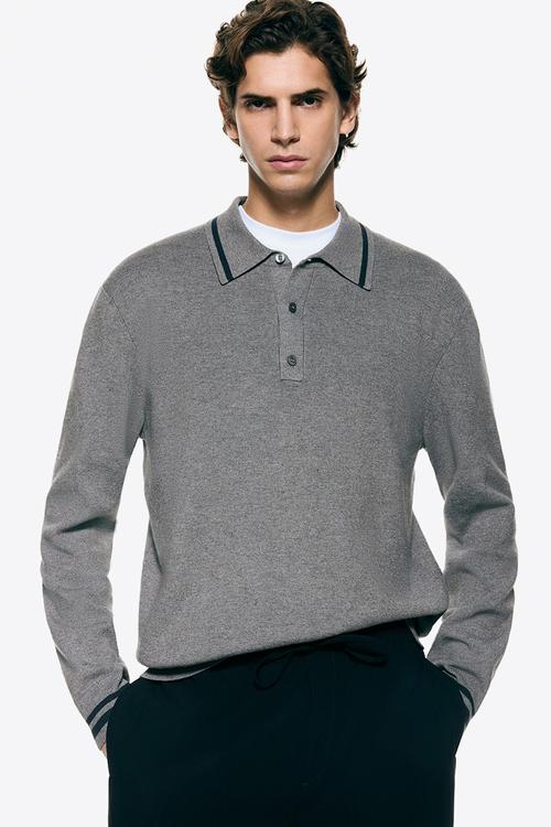 Relaxed fit long-sleeved polo shirt - dark grey/stripes