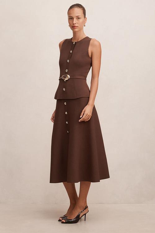 Amelia layered a-line midi dress in chocolate martini