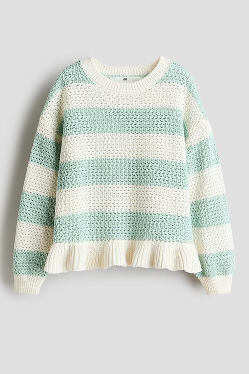 Hole-knit cotton jumper - light turquoise/white