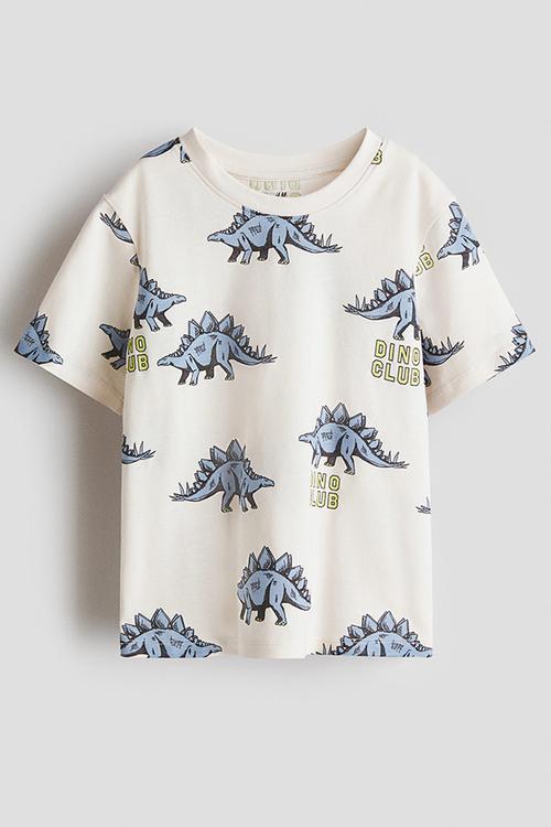 Printed cotton t-shirt - cream/dinosaurs