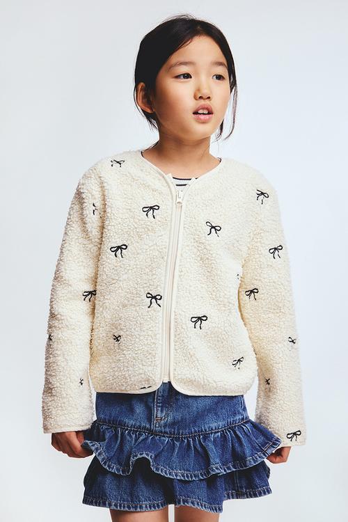Zip-through teddy cardigan - cream/bows