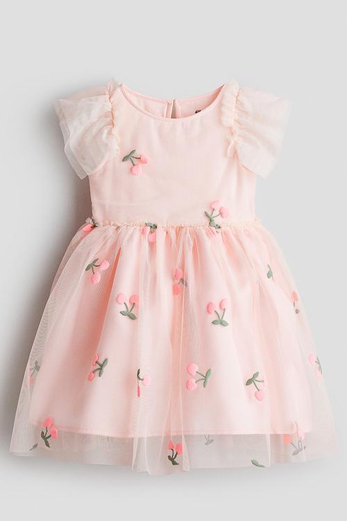 Printed tulle dress - light pink/cherries