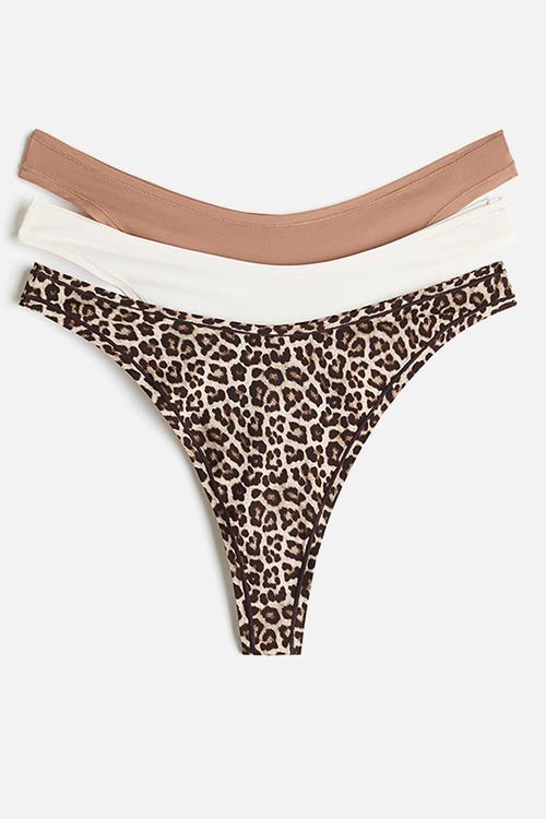 3-Pack microfibre thong briefs - beige/leopard print