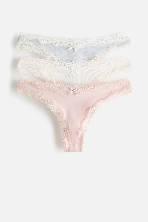 3-pack cotton and lace brazilian briefs - light grey marl/light pink