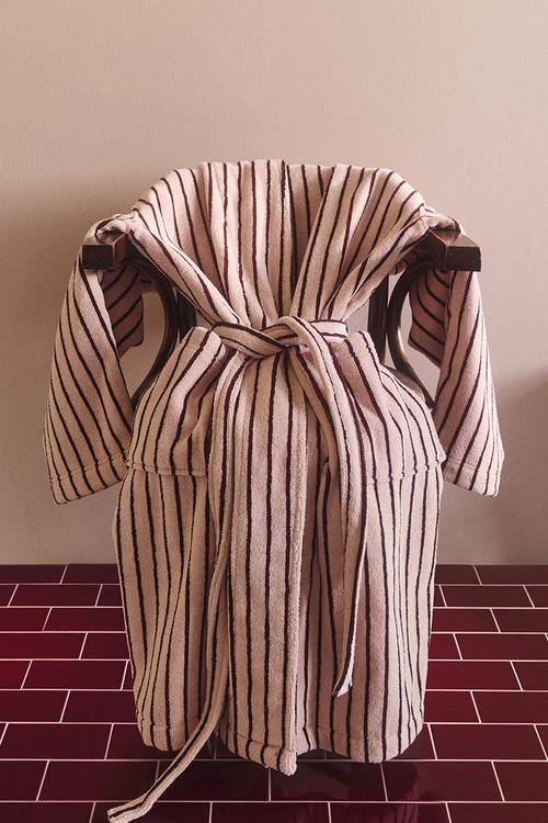Cotton terry dressing gown - light pink/burgundy striped