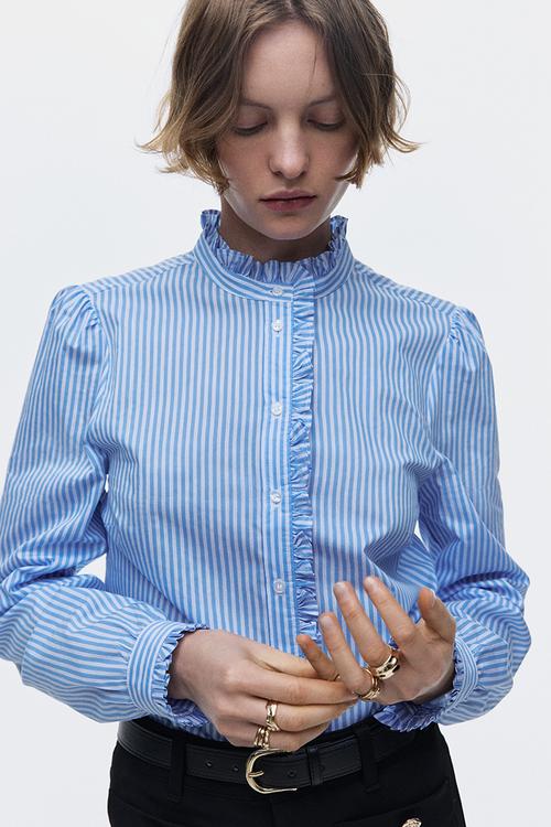 Frill-trimmed poplin blouse - blue/striped