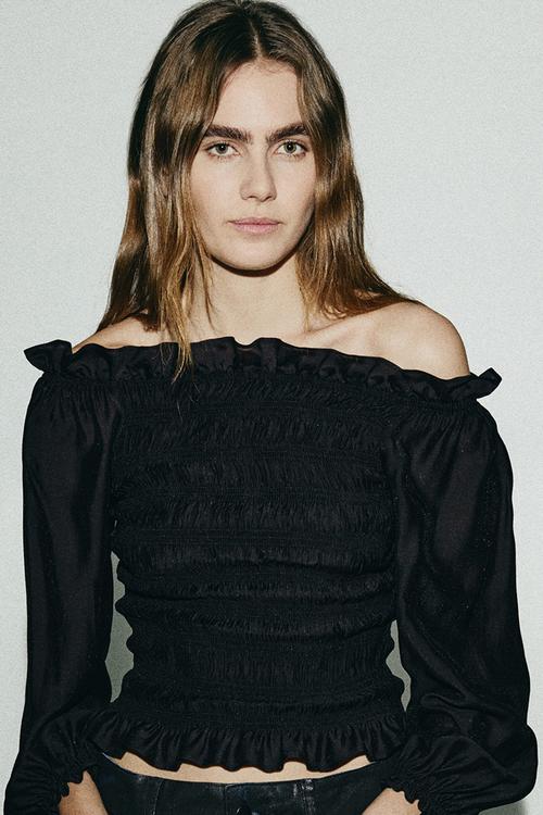 Smocked off-the shoulder blouse - black