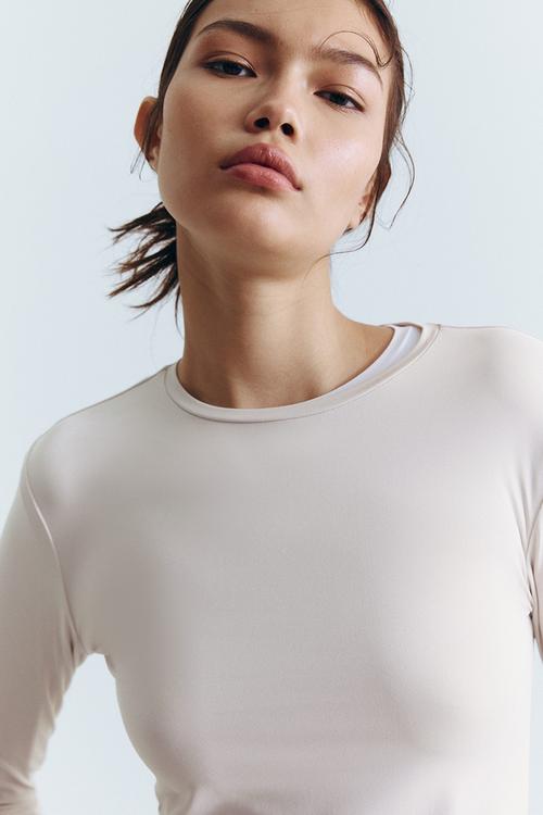 Long-sleeved microfibre top - light beige