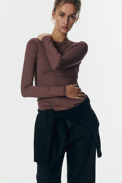 Long-sleeved microfibre top - dark dusty pink