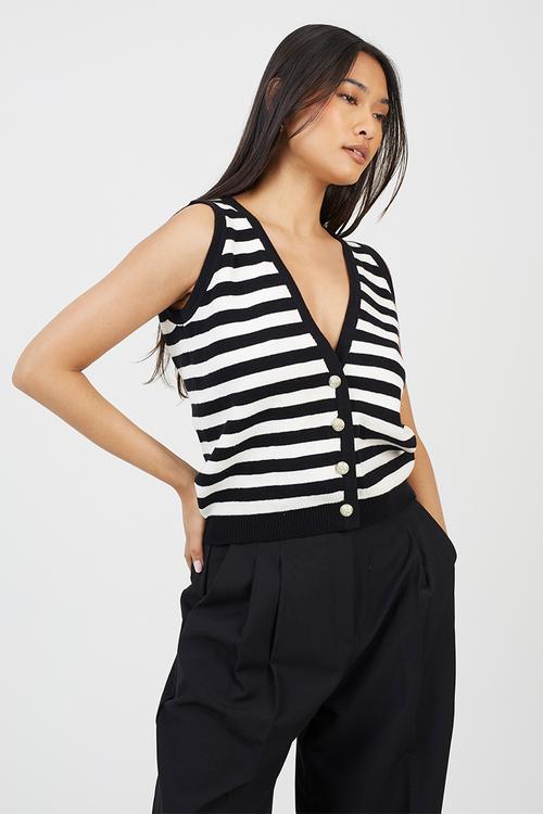 Ladies V-Neck Waistcoat With Fancy Button Front Fastening - Black/White