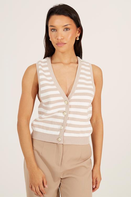 Ladies V-Neck Waistcoat With Fancy Button Front Fastening - Stone/White